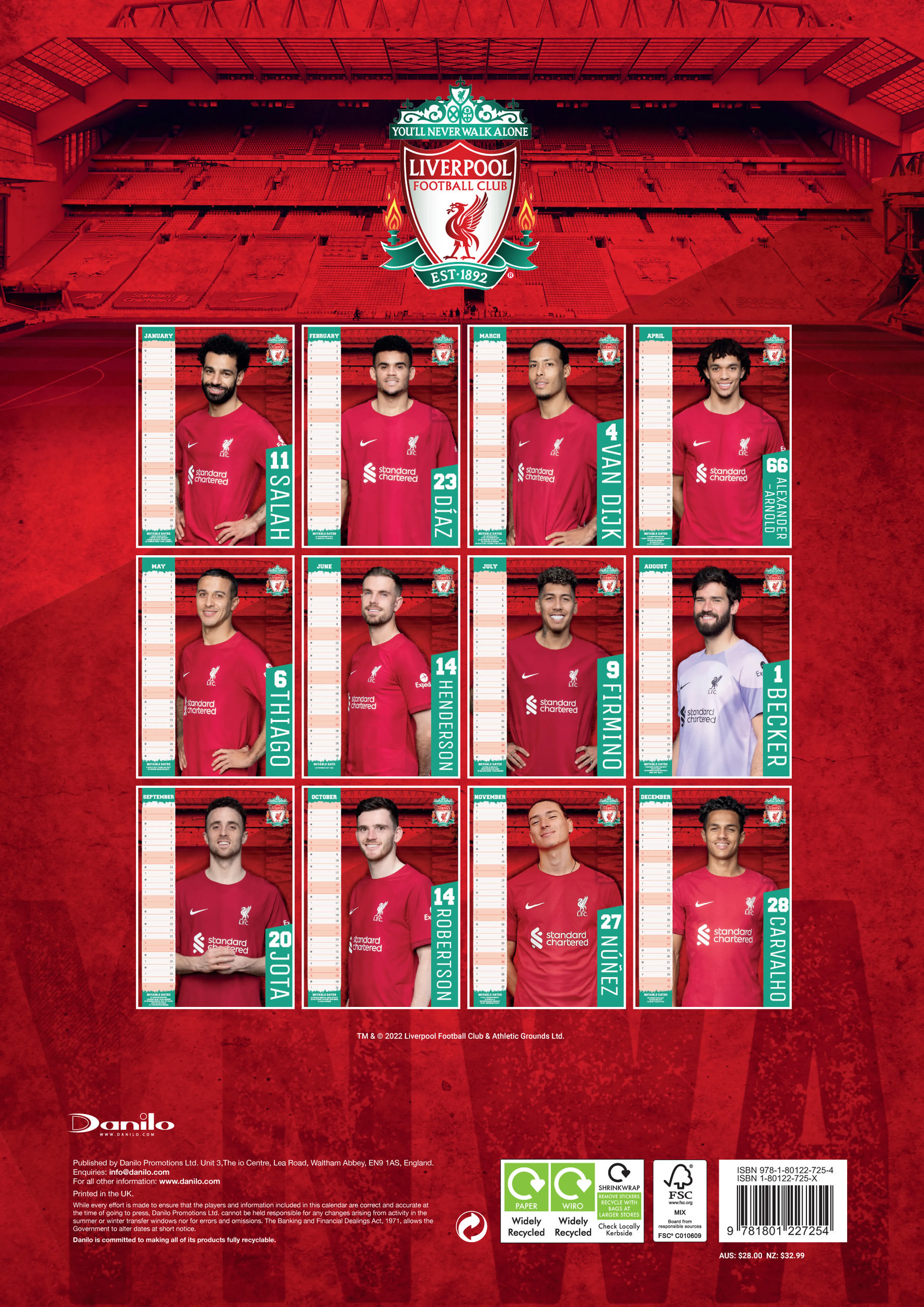 LIVERPOOL FC 2024 A3 CALENDAR