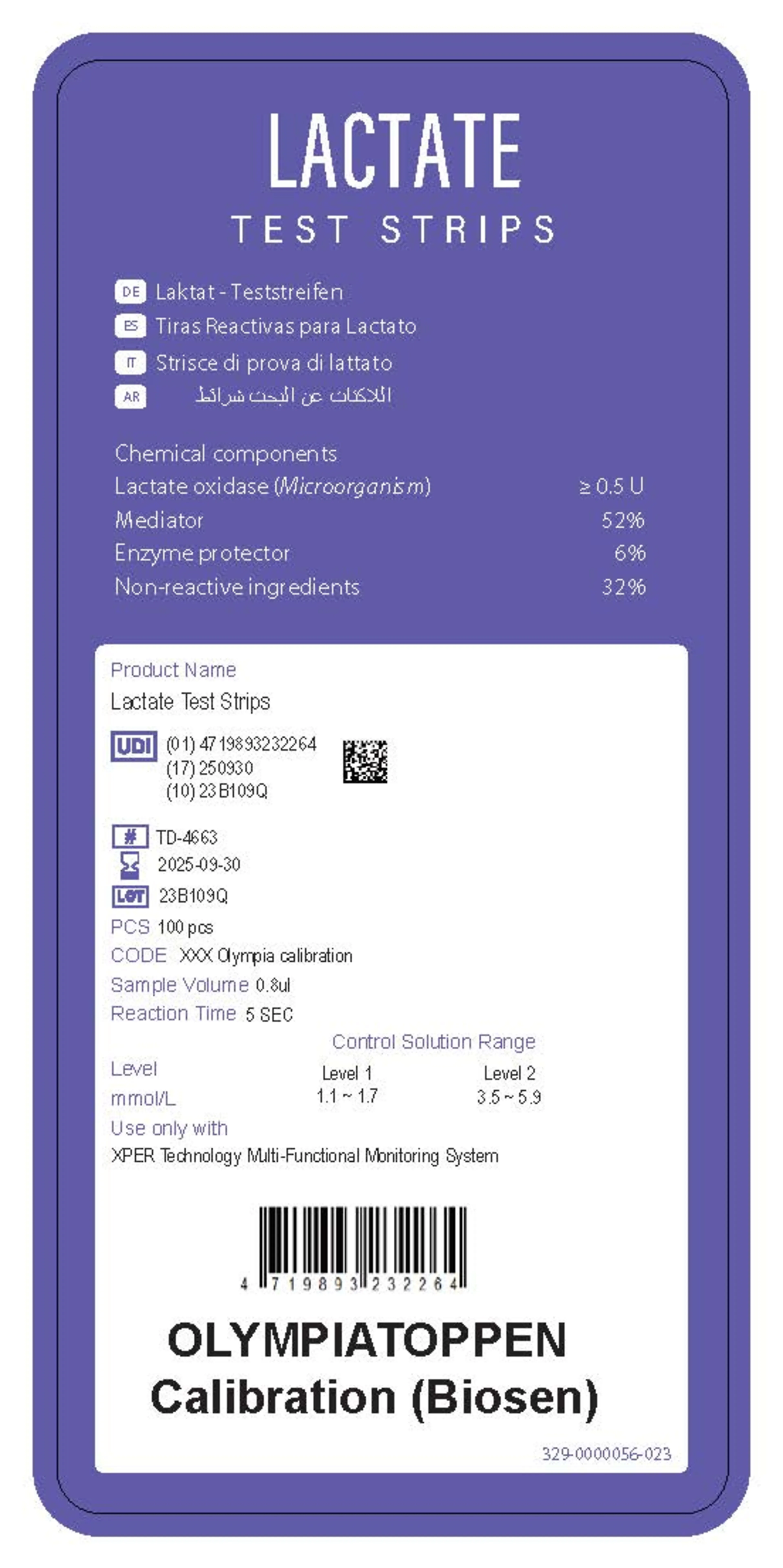 Laktat teststrips 100 stk, Olympiatoppen kalibrering (Biosen)