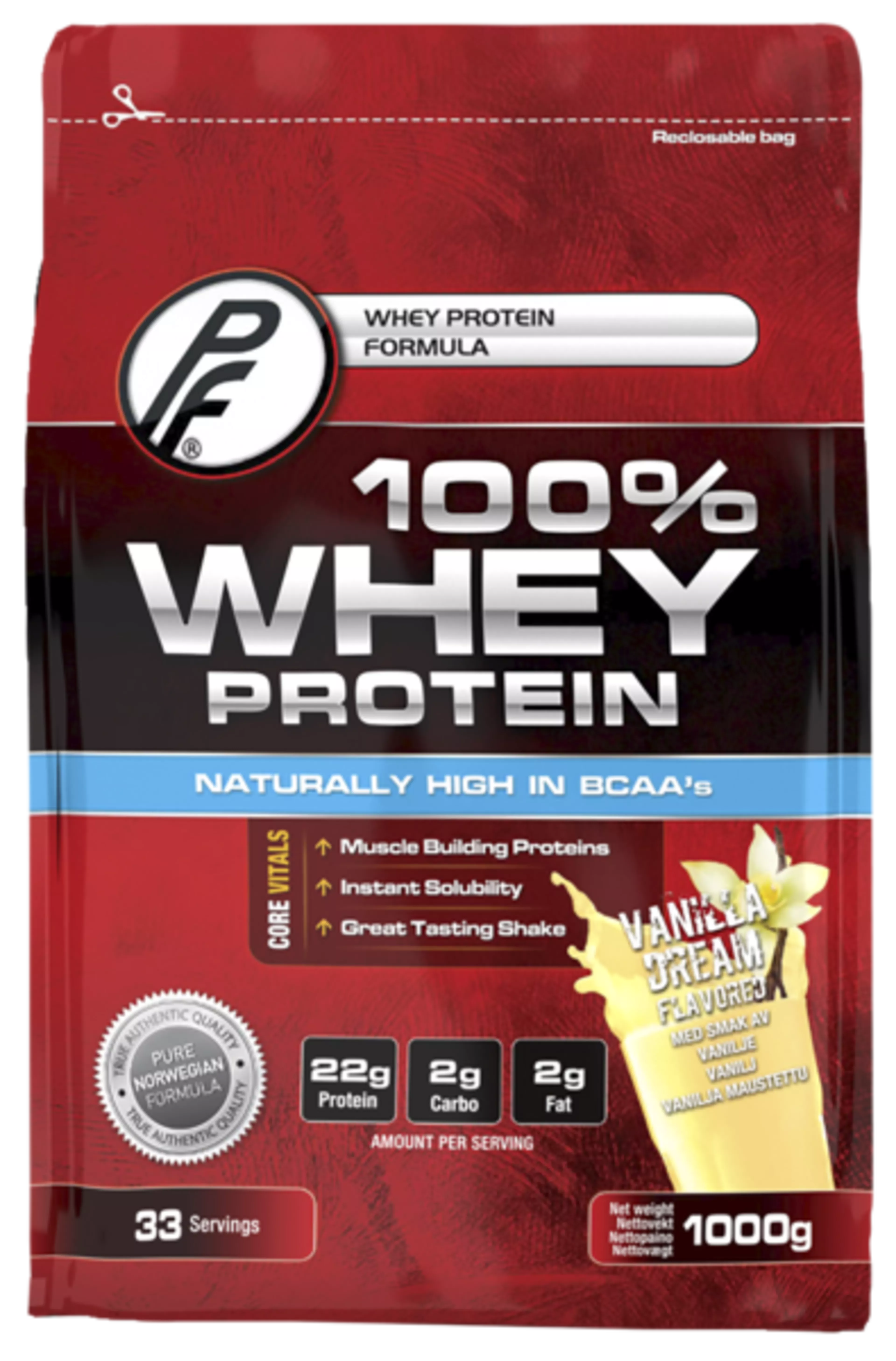 PF 100 % Whey Protein, Vanilla 1kg PF 100 % Whey Protein, Vanilla 1kg